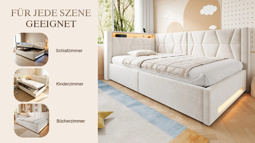 Letto imbottito 90x200 cm con contenitore, LED, USB e Type-C, velluto beige