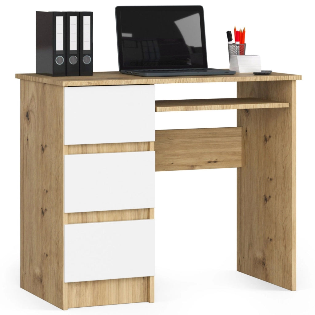 Scrivania per computer AKORD A6 Quercia Artisan 90 cm 3 cassetti inserto frontale Bianco 90x50x77 cm Modello a sinistra