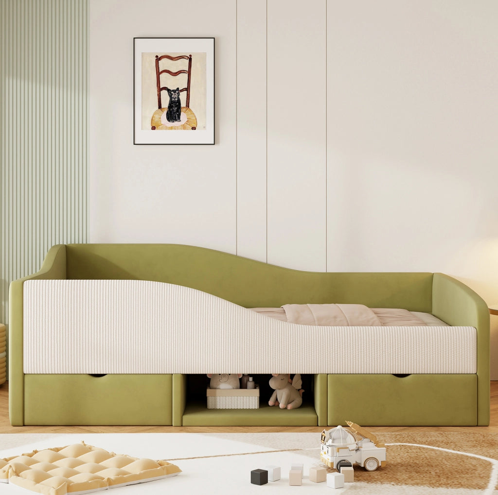 Letto imbottito bambini 90x190 cm con cassetti verde