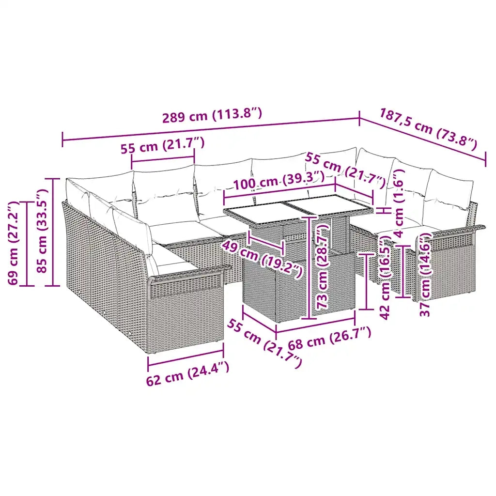 Set Divano da Giardino 10 pcs Grigio Rattan in Polipropilene 3357082