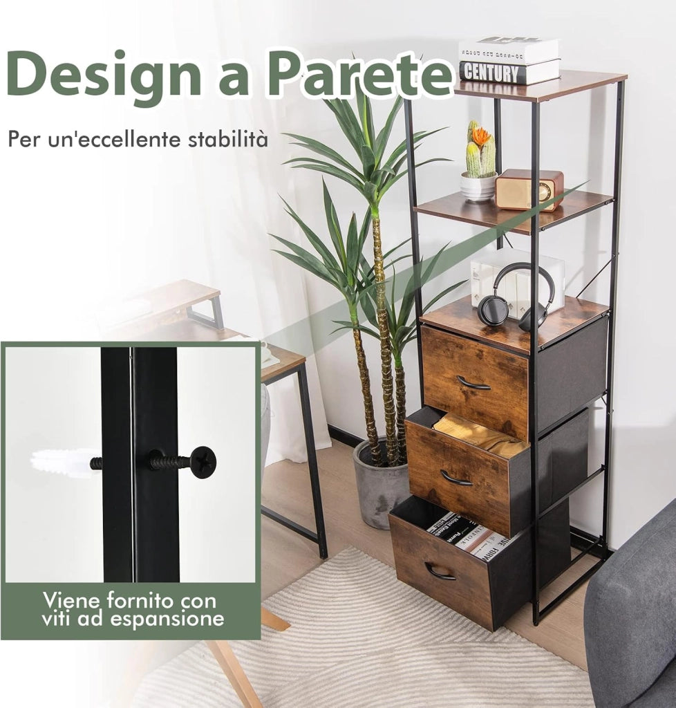 Libreria Multifunzionale, con 3 Ripiani Aperti e 3 Cassetti in Tessuto, con Struttura in Acciaio e Dispositivo Antiribaltamento, Libreria per Soggiorno Studio Camera da Letto, 43x39x156cm