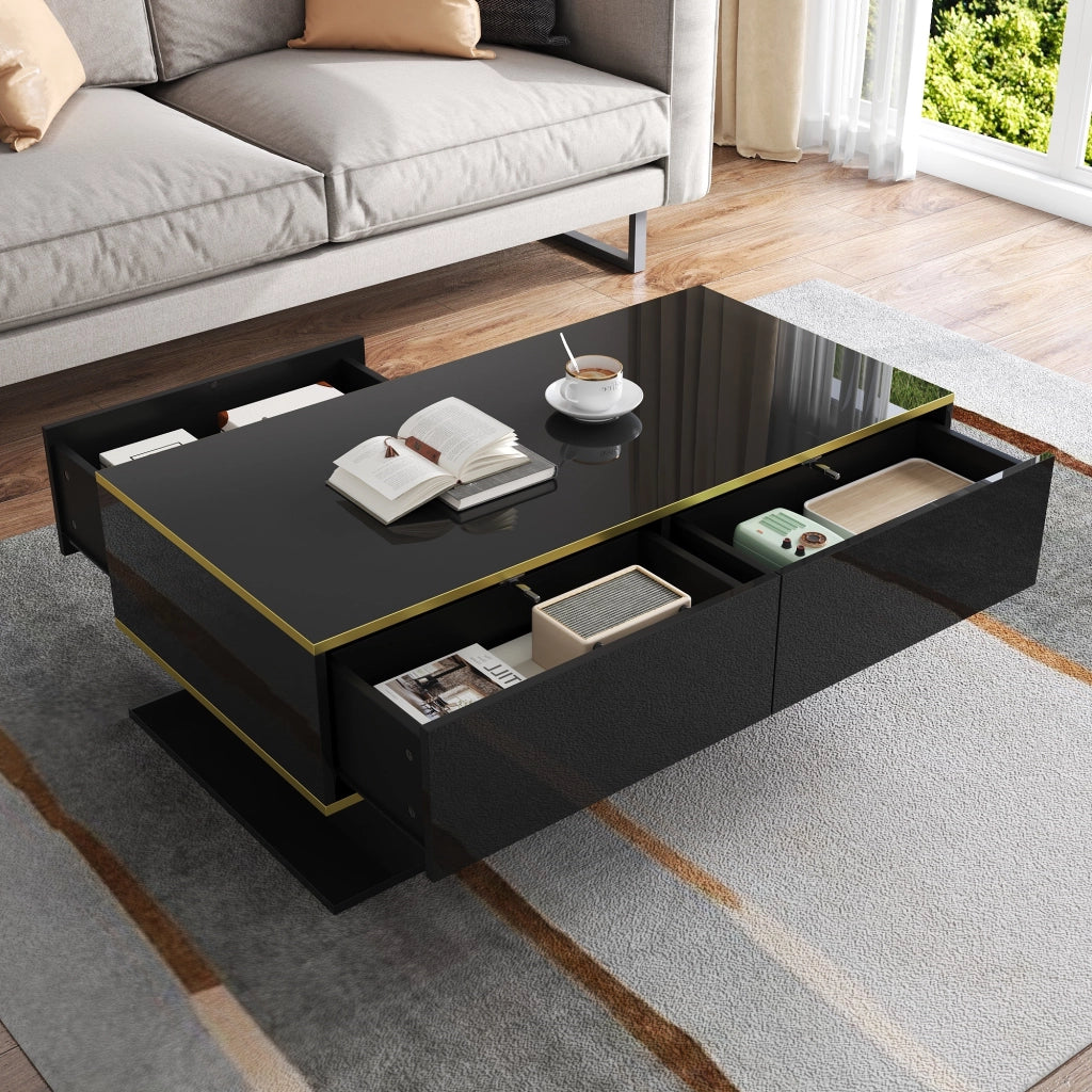 Tavolino da Caffè con 3 Cassetti e LED; Finitura Lucida; con Striscia USB; Decoro Oro; in Pannello Truciolare; Nero; 100×50×40 cm