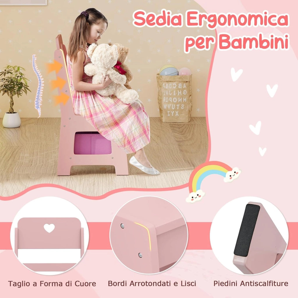 Toeletta Trucco per Bambina con Sgabello, Postazione Trucco con Luci, Scaffali a Vista, Prtagioielli, Libreria a 2 Ripiani e Contenitore in Tessuto, Ideale per Bambina 3+ Anni (Rosa)