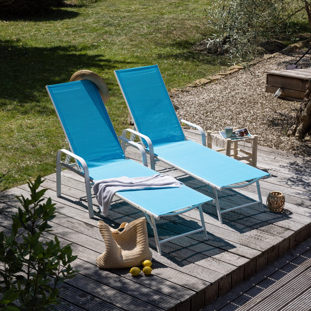 Set di 2 lettini SARDINIA in textilene blu - struttura bianca