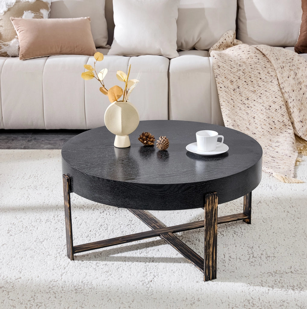 Tavolino rotondo 68x36 cm con piano effetto legno nero; base a croce in metallo; nero