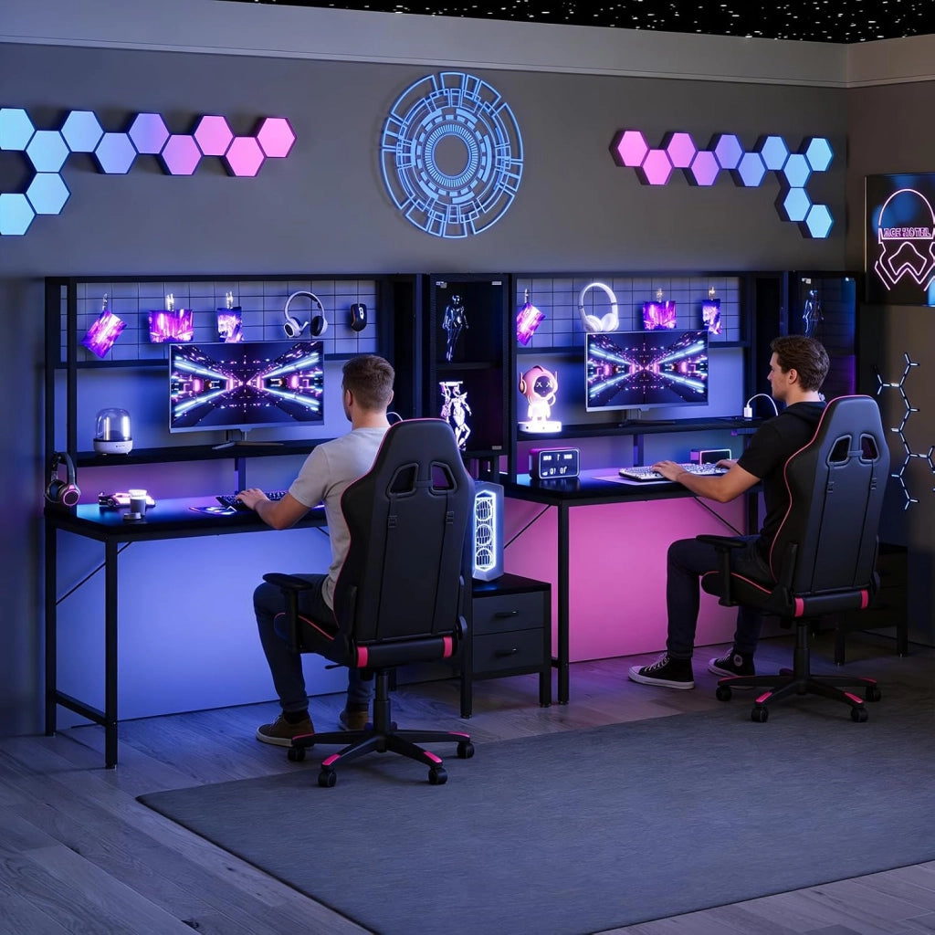 Scrivania Da Gaming Angolare Con LED E Prese, 140 cm, Arredamento Per Ufficio, Con Ganci E 2 Cassetti In Tessuto, Ideale Per il Telelavoro E I Videogiochi, Nera