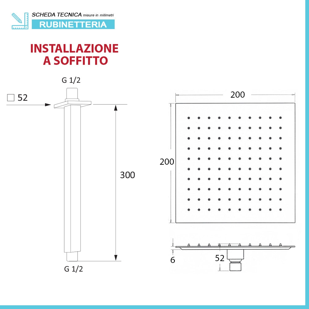 Set doccia in ottone cromo con rubinetto doccia a incasso quadrato braccio verticale e soffione