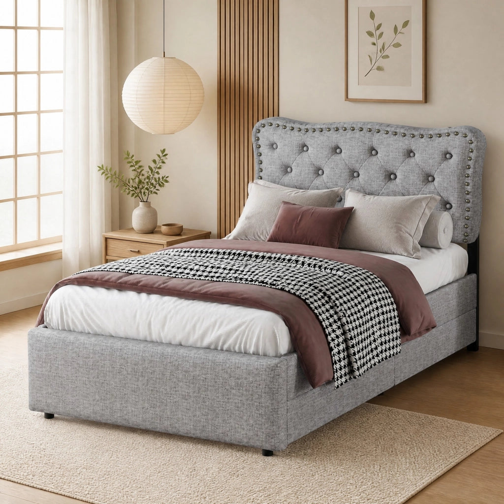 LETTO imbottito 90x200 cm con 2 cassetti in MDF e lino grigio