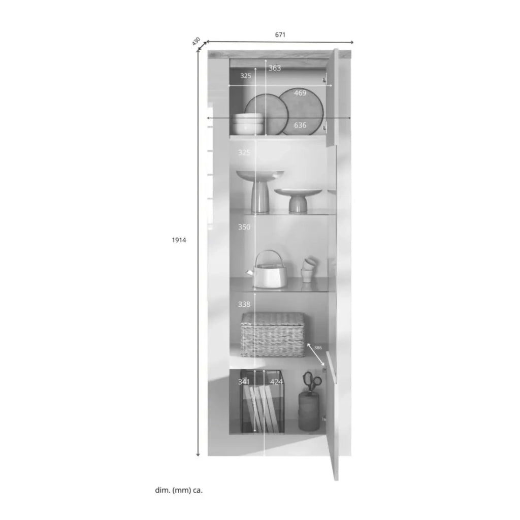 Vetrina SASHA – 1 porta e LED integrato – Bianco laccato e Rovere Cadiz