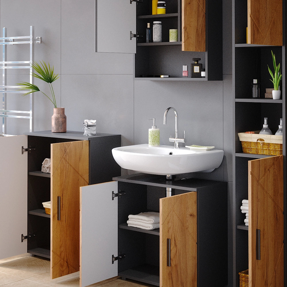 Vicco Set mobili bagno Quercia dorata/antracite 4 parti, con armadio alto e cassettiera
