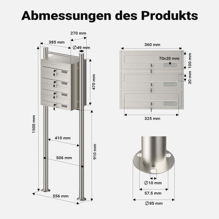 Cassetta postale condominiale autoportante 4 posti, acciaio inox, 1 modulo, 556 x 270 x 1500 mm