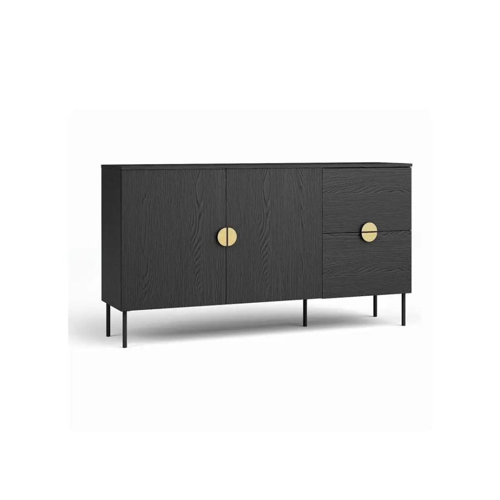 Set mobili soggiorno: Mobile TV, tavolino, credenza, vetrina, nero con maniglie dorate, collezione MONDO