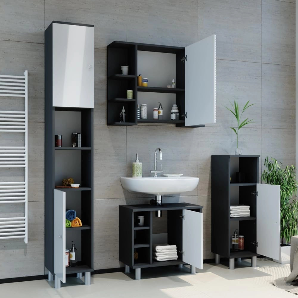 Set mobili bagno Fynn, Antracite, 60 cm, composto da mobile sottolavabo, specchiera e mobile medio