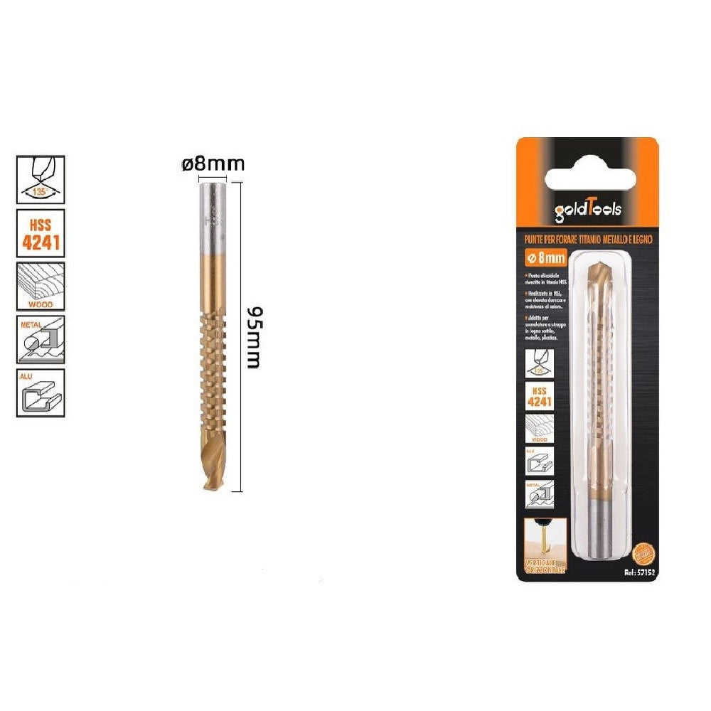 Trade Shop - Punta Trapano Elicoidale ø8mm X 95mm In Titanio Hss 4241 Per Metallo Legno 57152 -