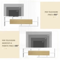 Mobile TV con Mensola a Muro, Ripiani Aperti e Armadietto in Legno, Bianco e Legno Naturale