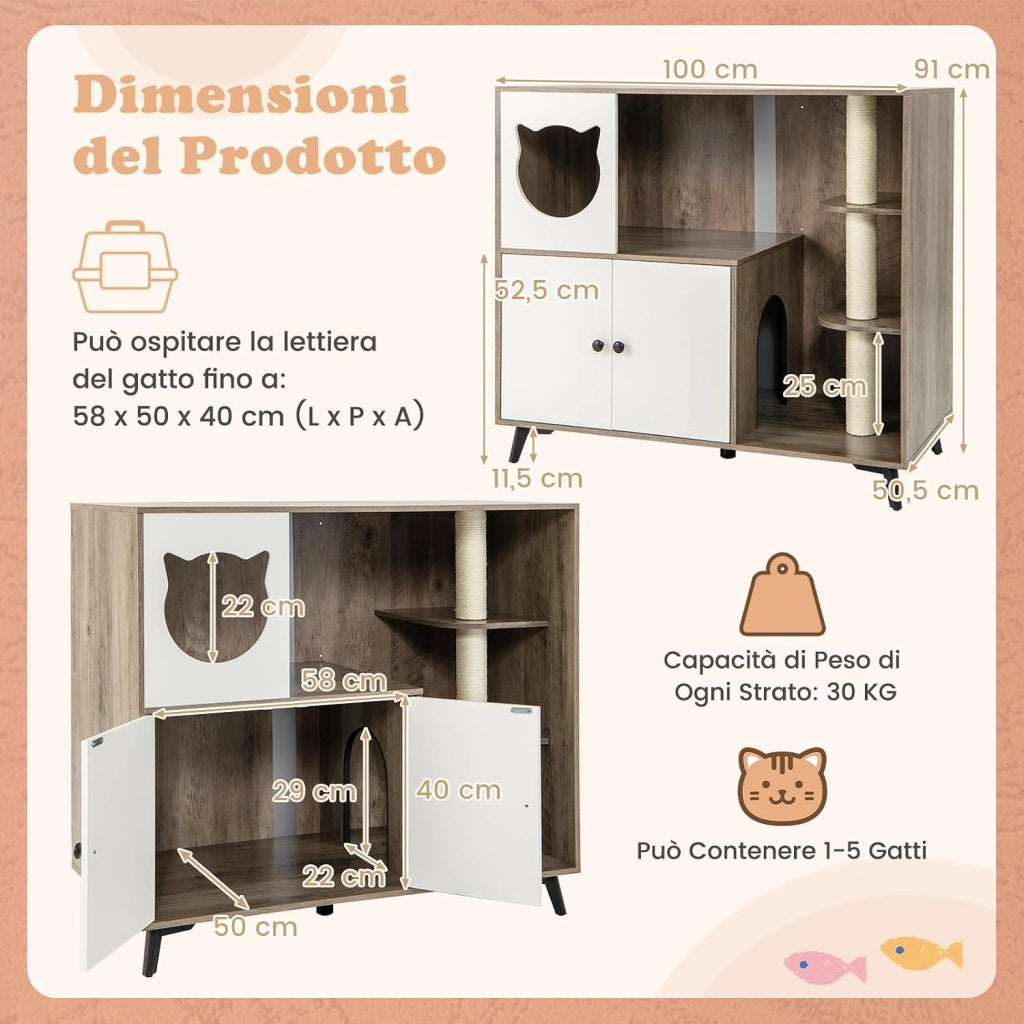 Mobile per Lettiera per Gatti, Cassetta per Gattini con 3 Pali in Sisal per Grattare, Comò per Gattini e 5 Gambe di Supporto in Metallo, Cuccia per Gatti da Interno, 100 x 51 x 91 cm