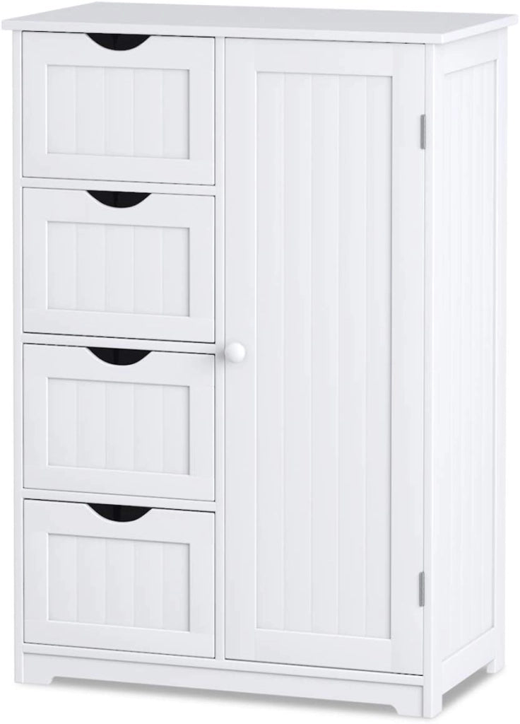 Armadietto Bagno Spazioso, con 4 Cassetti Scorrevoli, Anta Magnetica, Ripiano Regolabile, Mobiletto Multiuso, Carico Massimo di 70 kg, 56x30x82 cm, Bianco