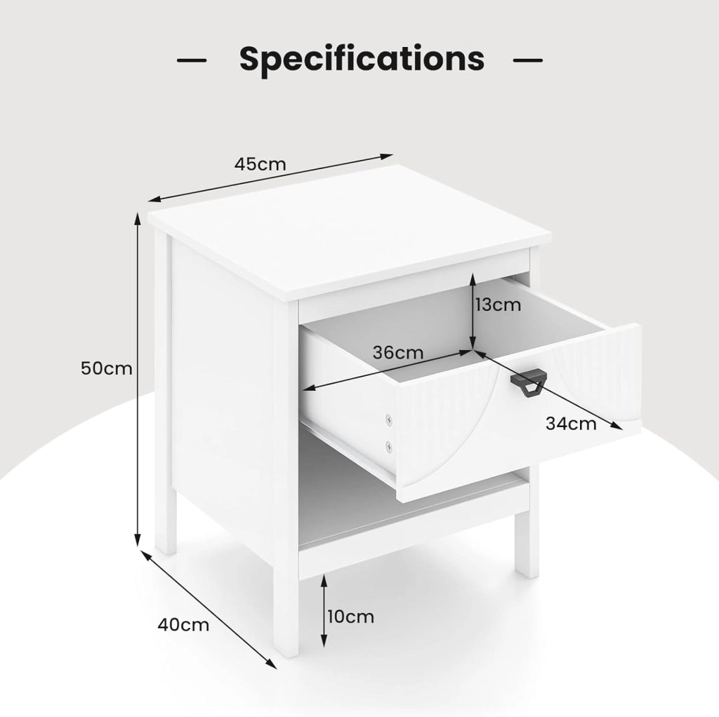 Comodino moderno con cassetto scorrevole, ripiano aperto, pattini antiscivolo, Dsign motivo, tavolino piccolo 45 x 40 x 50 cm, bianco