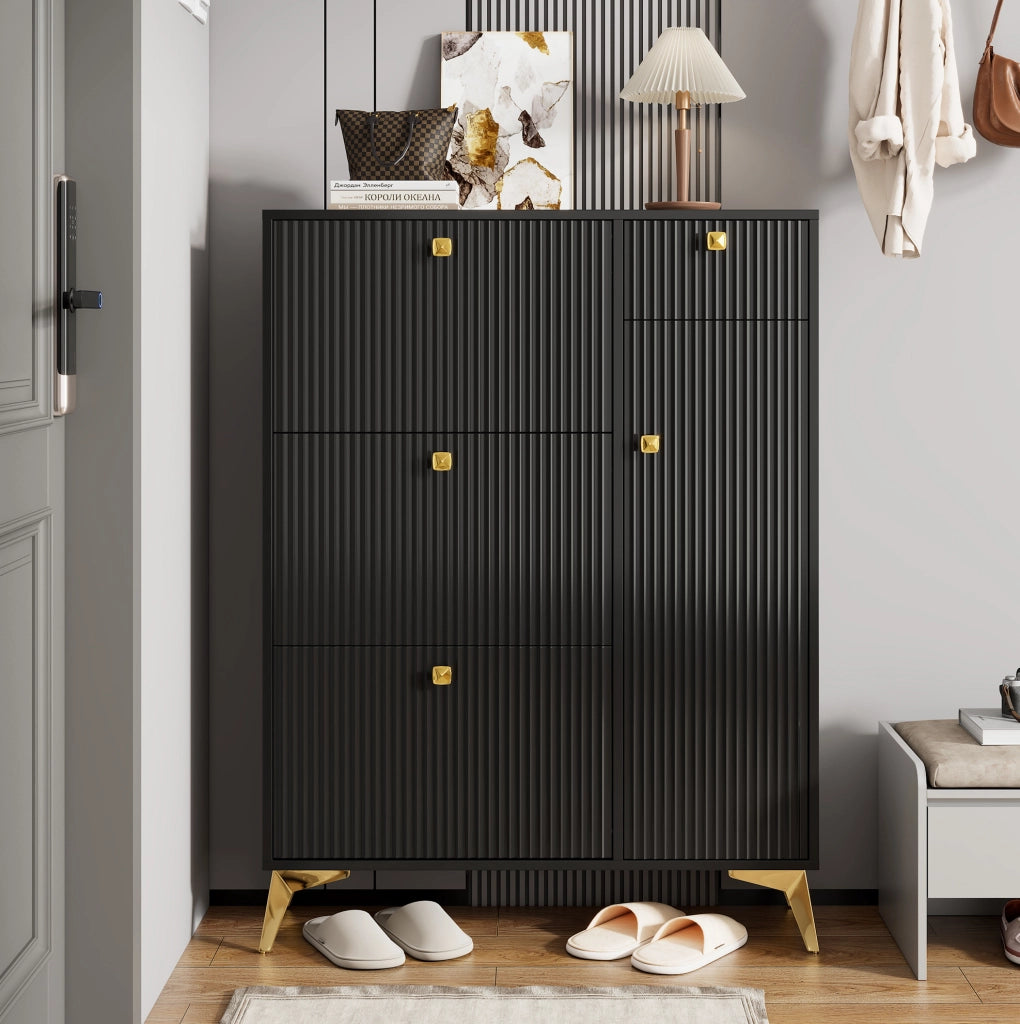 Scarpiera stretta 90x25x121 cm nera in truciolare e MDF con 3 ribalte