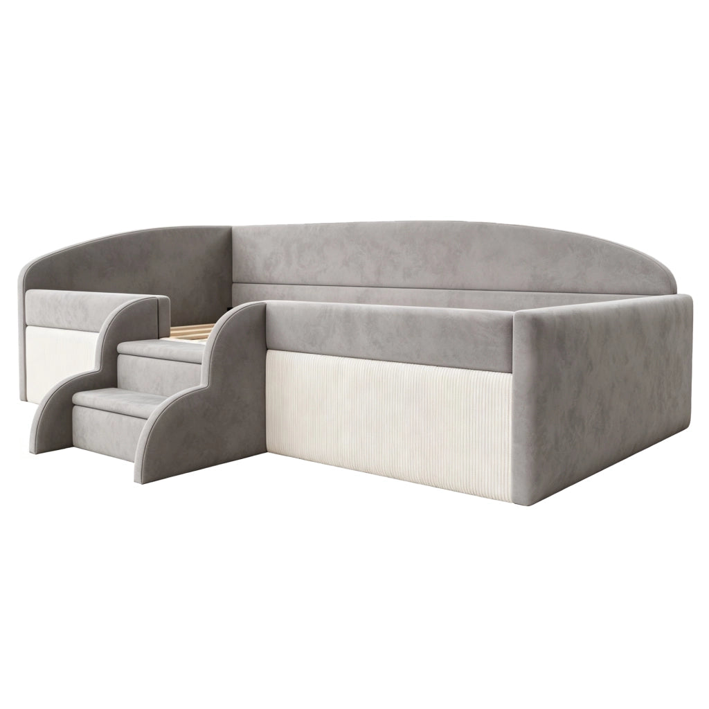 Letto imbottito per bambini con gradini e recinzioni, 90x190 cm, grigio