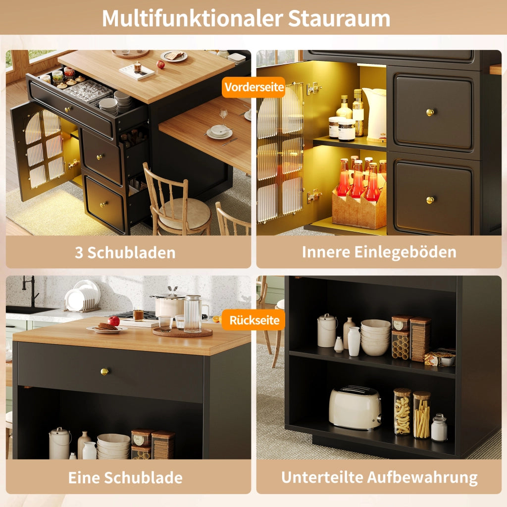 ISOLA CUCINA ESTRAIBILE 122,5-195,5 cm MDF NERO con LED RGB