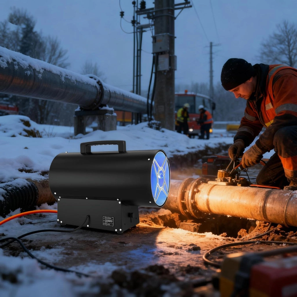 Ventola di riscaldamento a gas da 30 KW per interni in acciaio inox, riscaldamento a gas, con tubo di collegamento e regolatore di pressione del gas, per una superficie efficace 450 m²