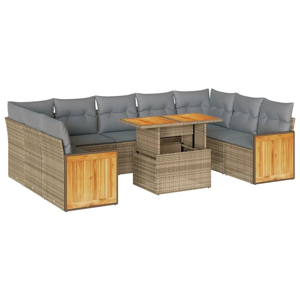 Divano da Giardino 10 pz con Cuscini Beige in Polyrattan Acacia