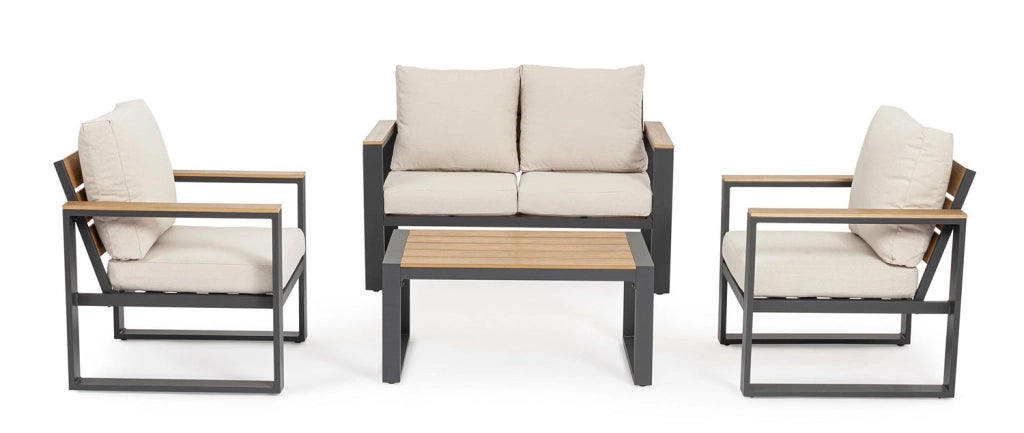 Set 4 Pezzi Salotto da Giardino con Divano 2 Poltrone e Tavolino in Alluminio e Polywood Leandro Antracite e Beige