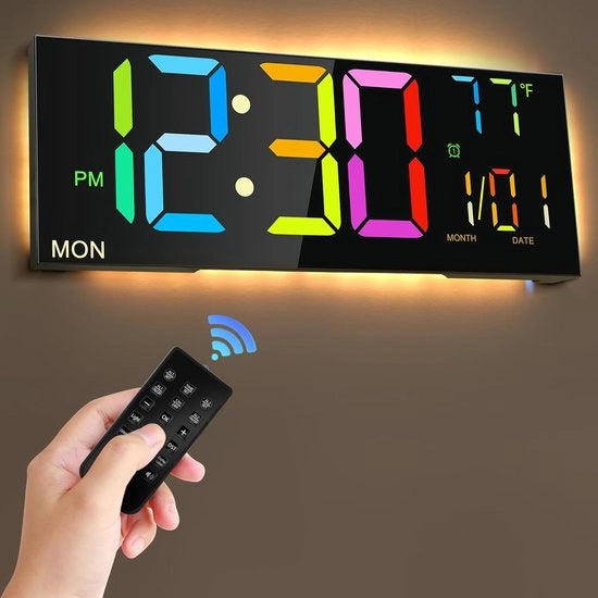 Orologio digitale per parete con telecomando e sveglia oraria con funzione di temperatura