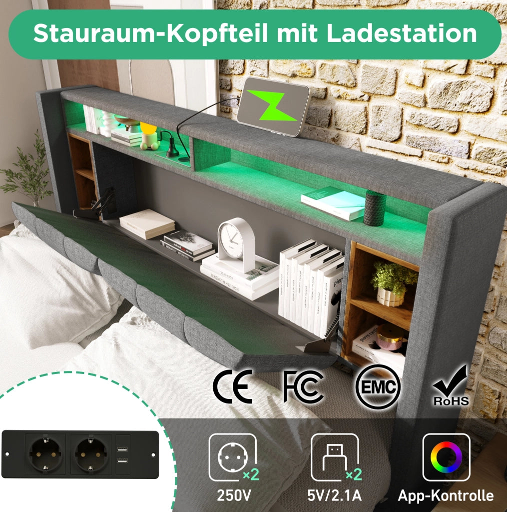 Letto matrimoniale imbottito 140x200 cm con LED, USB e vano