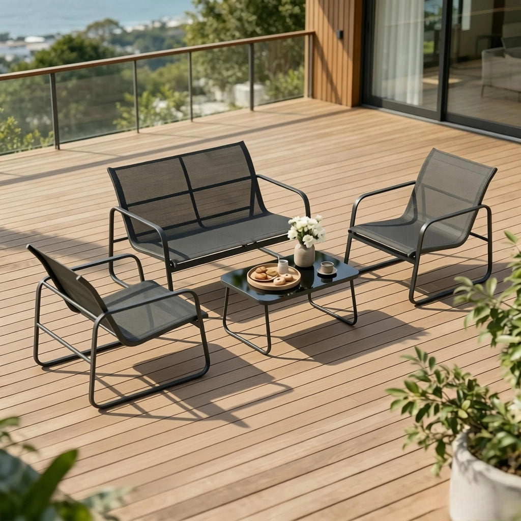 SALOTTO DA GIARDINO Set da 4 pezzi nero in acciaio e vetro temperato
