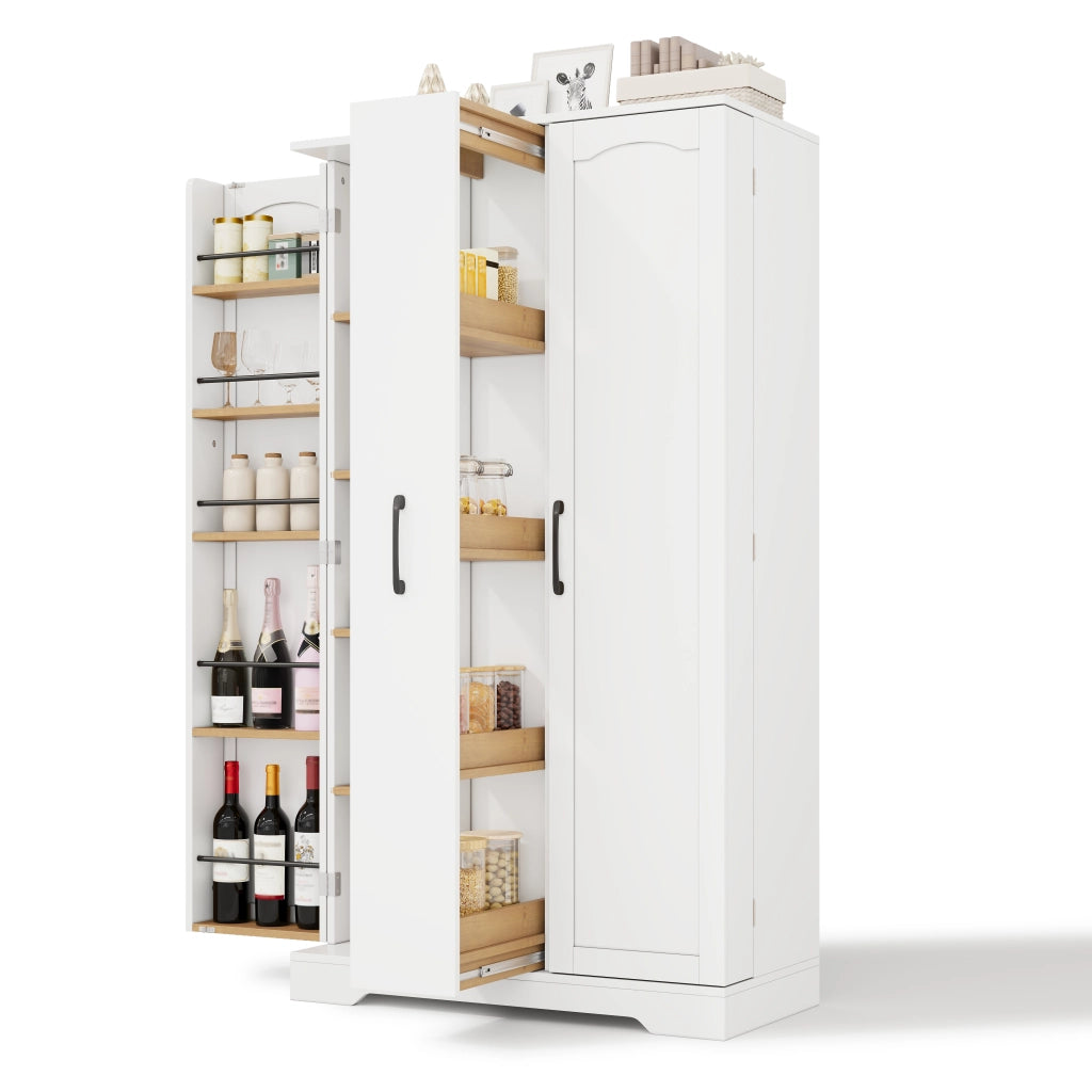 Mobile cucina con doppia anta, estraibile verticale a 4 livelli, ripiani regolabili e struttura in MDF - 150 x 78 x 40 cm, Bianco