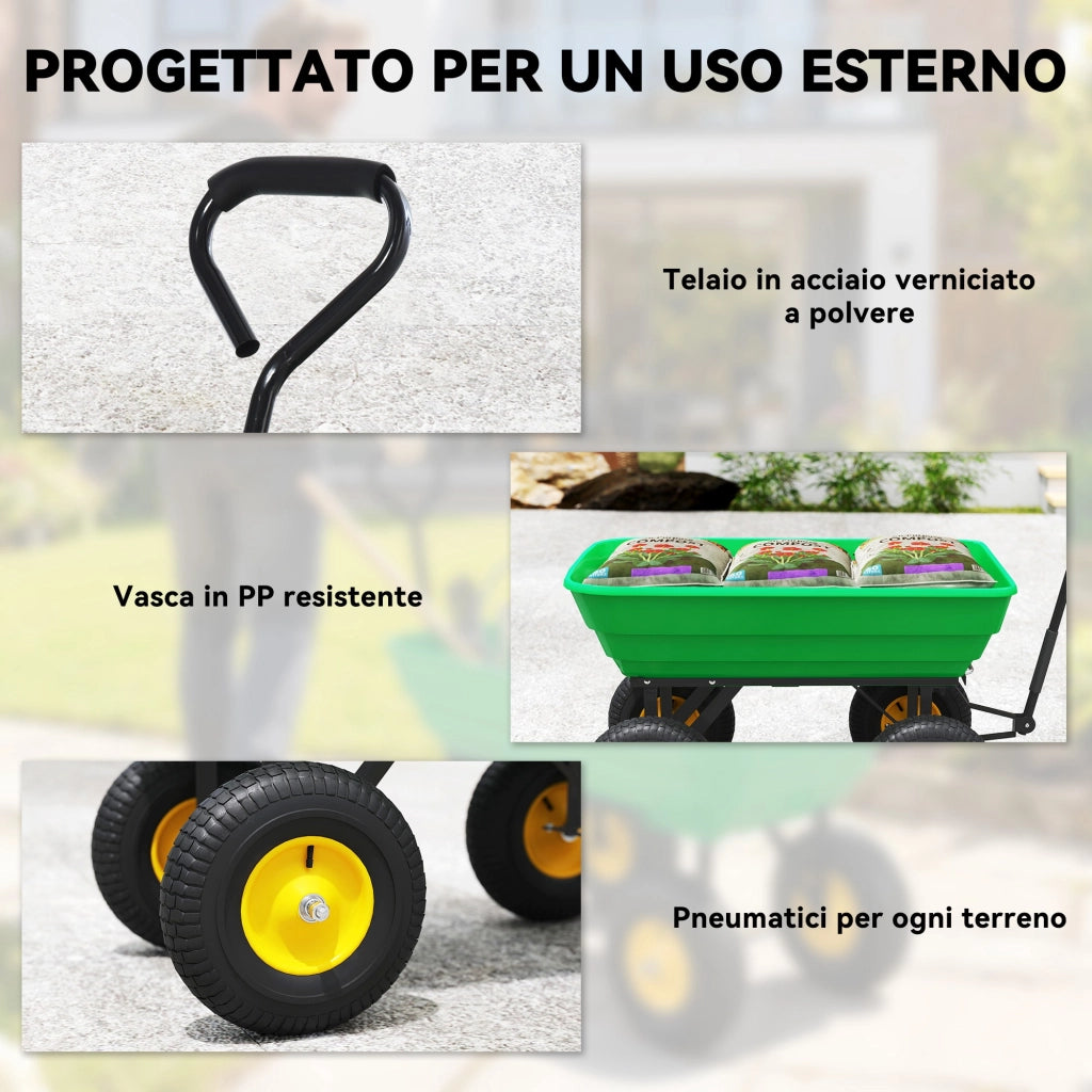 Carrello da Giardino 75L ¨C Xylo ¨C Acciaio e PP Verde con Vasca Ribaltabile 109x52x94cm