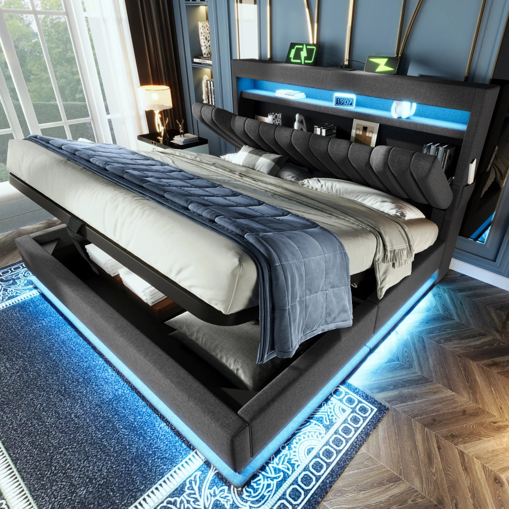 LETTO matrimoniale contenitore 160x200 cm con LED, USB e Type-C in lino grigio