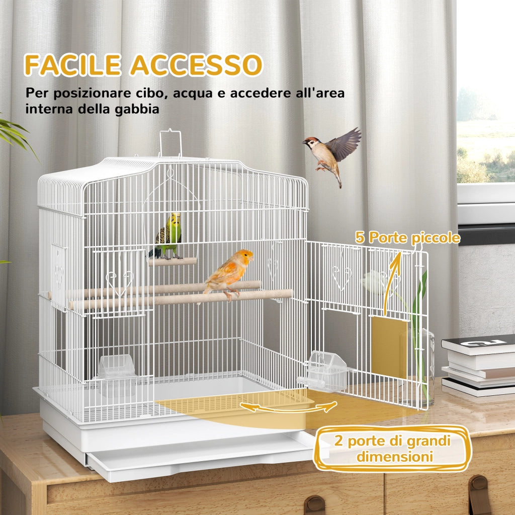 Gabbia per Uccellini Portatile con Maniglia. Vassoio Estraibile e 5 Porte. Posatoi e Altalena. Bianco