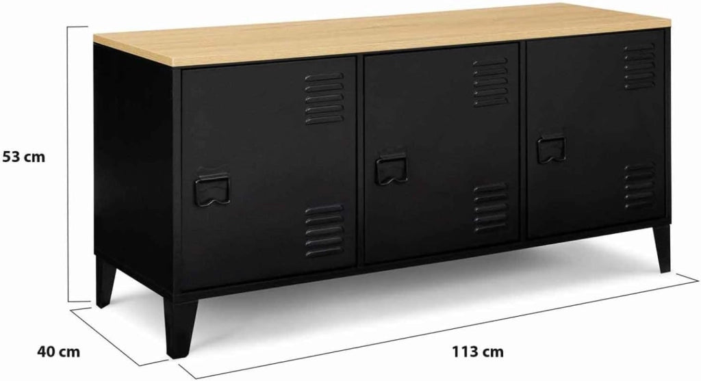 IDMarket - Credenza bassa a 3 ante, metal nero, vassoio in legno, design industriale ESTER