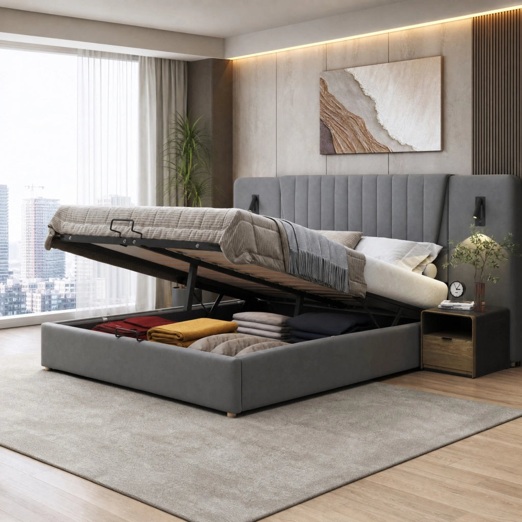 Letto imbottito 180x200 cm con testiera lunga; luci LED e USB; velluto grigio