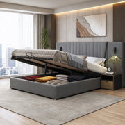 Letto imbottito 180x200 cm con testiera lunga; luci LED e USB; velluto grigio