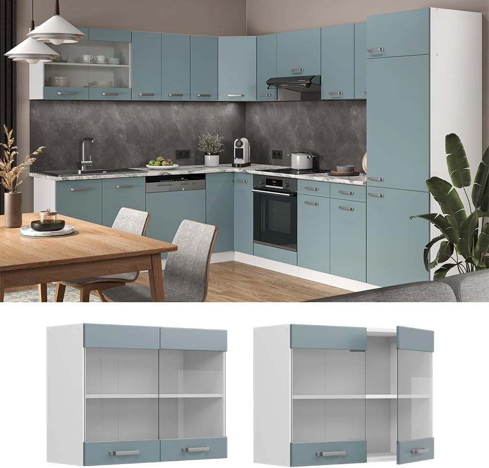 Mobile da cucina in vetro R-Line, Grigio-blu, 80 cm, per la libera combinazione all'interno di sistemi cucina modulari