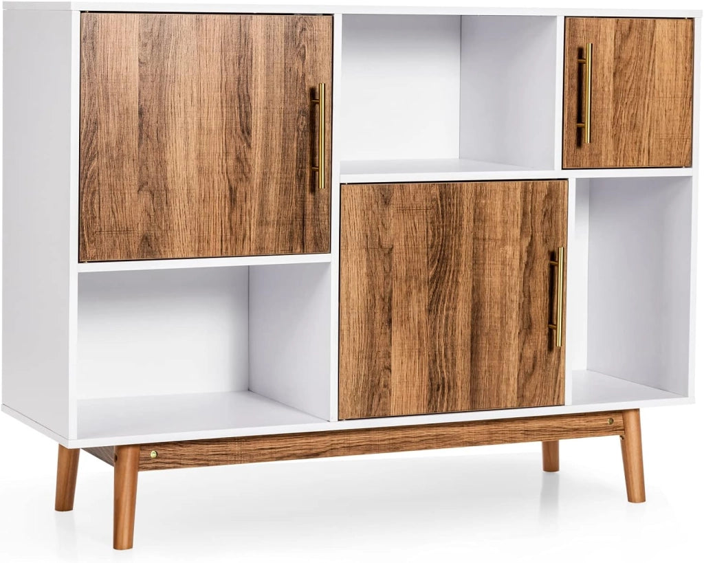Credenza in legno, armadietto a buffet con 6 scomparti, con manici in metallo e dispositivo di sicurezza ribaltabile, 95 x 33 x 76 cm, cassettiera per soggiorno, cucina (bianco + marrone)