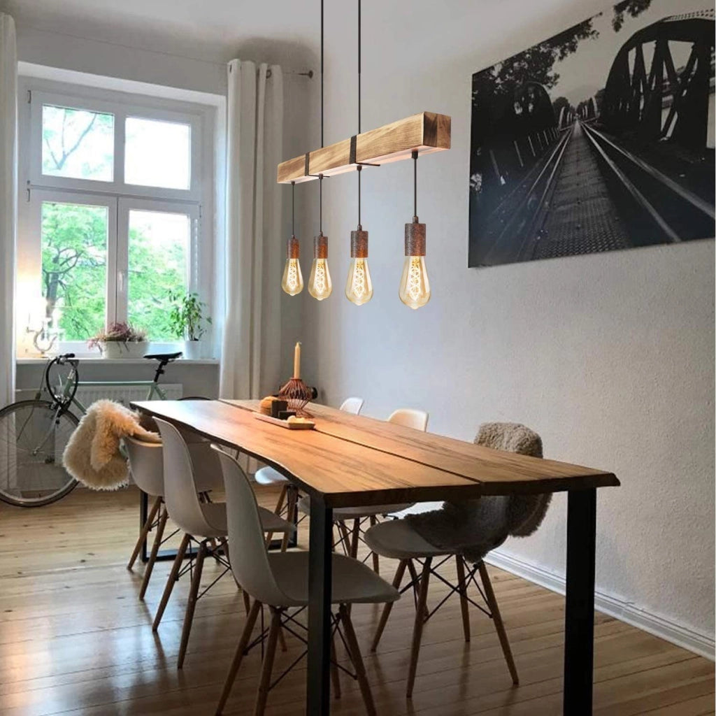 Lampada a sospensione ZMH retr¨° 4 lampadine E27 Diametro 80 cm con trave in legno Adatta per sala da pranzo e cucina