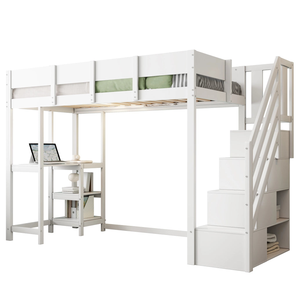 OKWISH Letto a Soppalco 90×200 cm, Letto Singolo con Scala Contenitore, Mensola e Sponde, senza Materasso, in Legno, Bianco