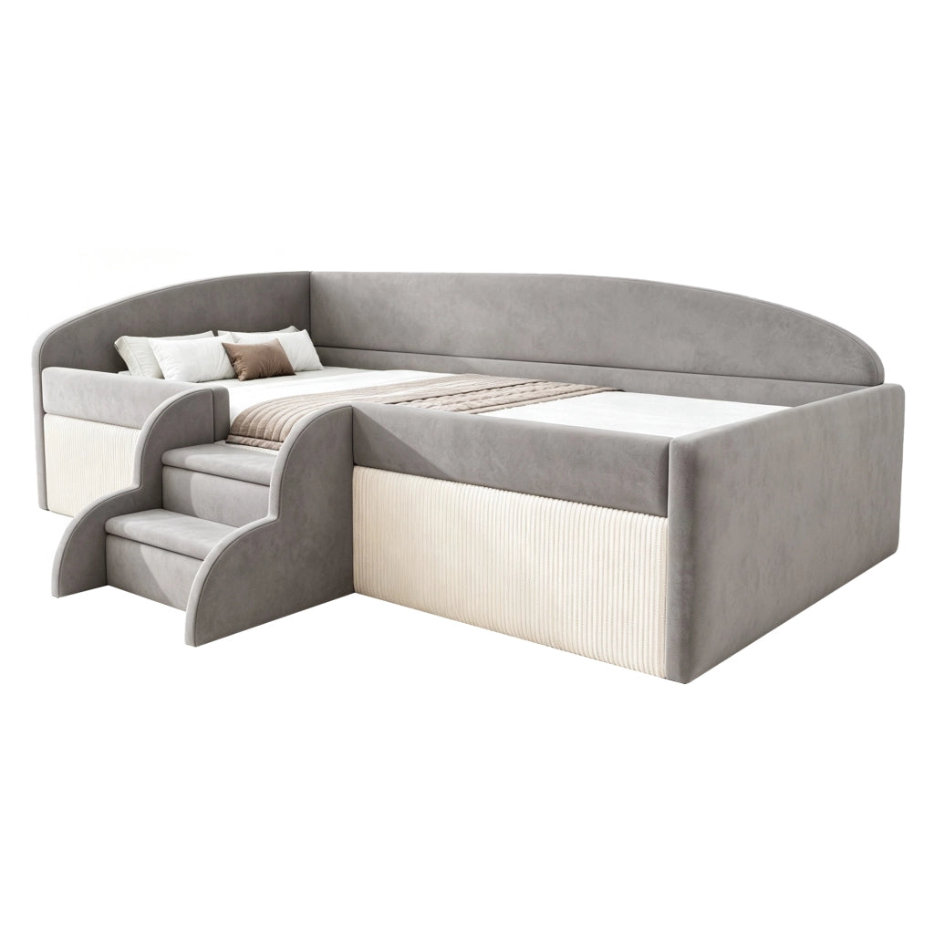 Letto imbottito per bambini 90 x 190 cm con gradini e sponde; velluto grigio