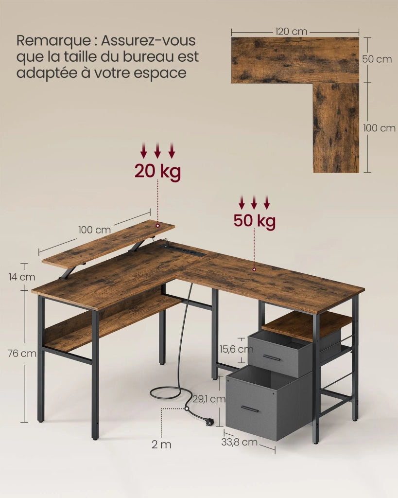 Scrivania a L con multipresa scrivania angolare scrivania per computer con supporto per monitor scrivania da gioco a LED 2 cassetti 2 porte USB facile da montare marrone 12_0004626