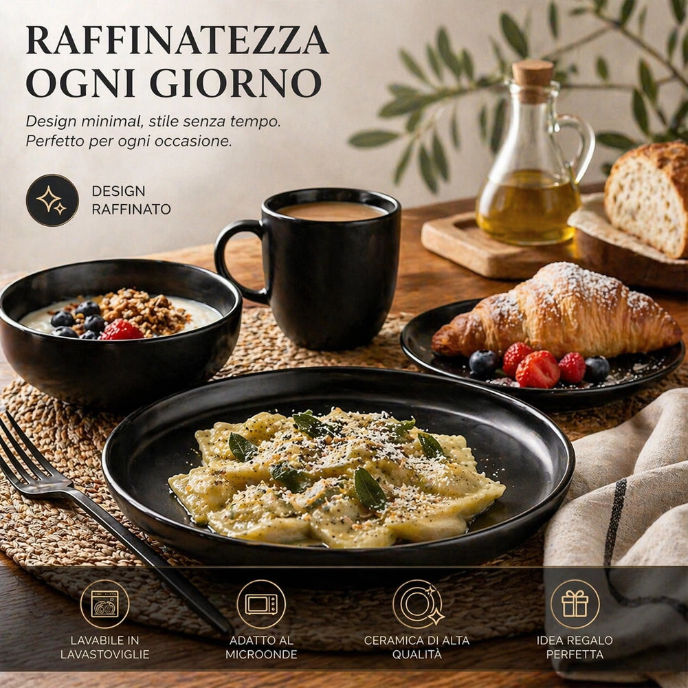 Servizio Piatti 16 Pezzi Design Moderno per 4 Persone in Gres Smaltato Nero