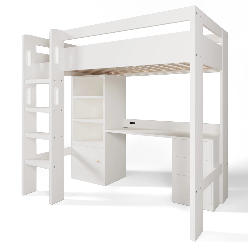 Letto a soppalco 90x200 cm con scrivania; armadio; cassetti e ricarica USB-Type-C; bianco