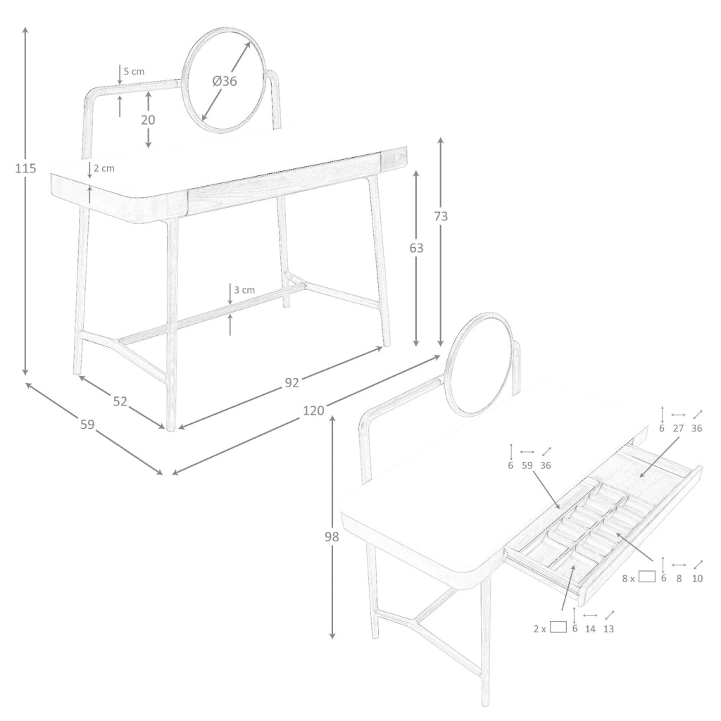 Scrivania toeletta in noce con piano in legno bianco e specchio