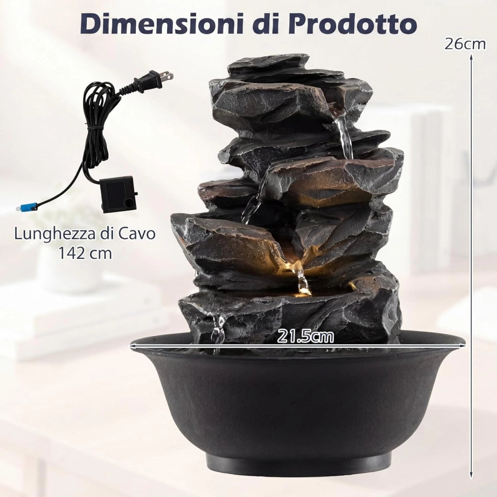 Fontana Zen da Interno, Fontana da Tavolo a Cascata con Luce LED, Pompa Silenziosa e Velocità dell'Acqua Regolabile, Fontanella Decorativa per Soggiorno, Ufficio e Camera da Letto (Modello 1)