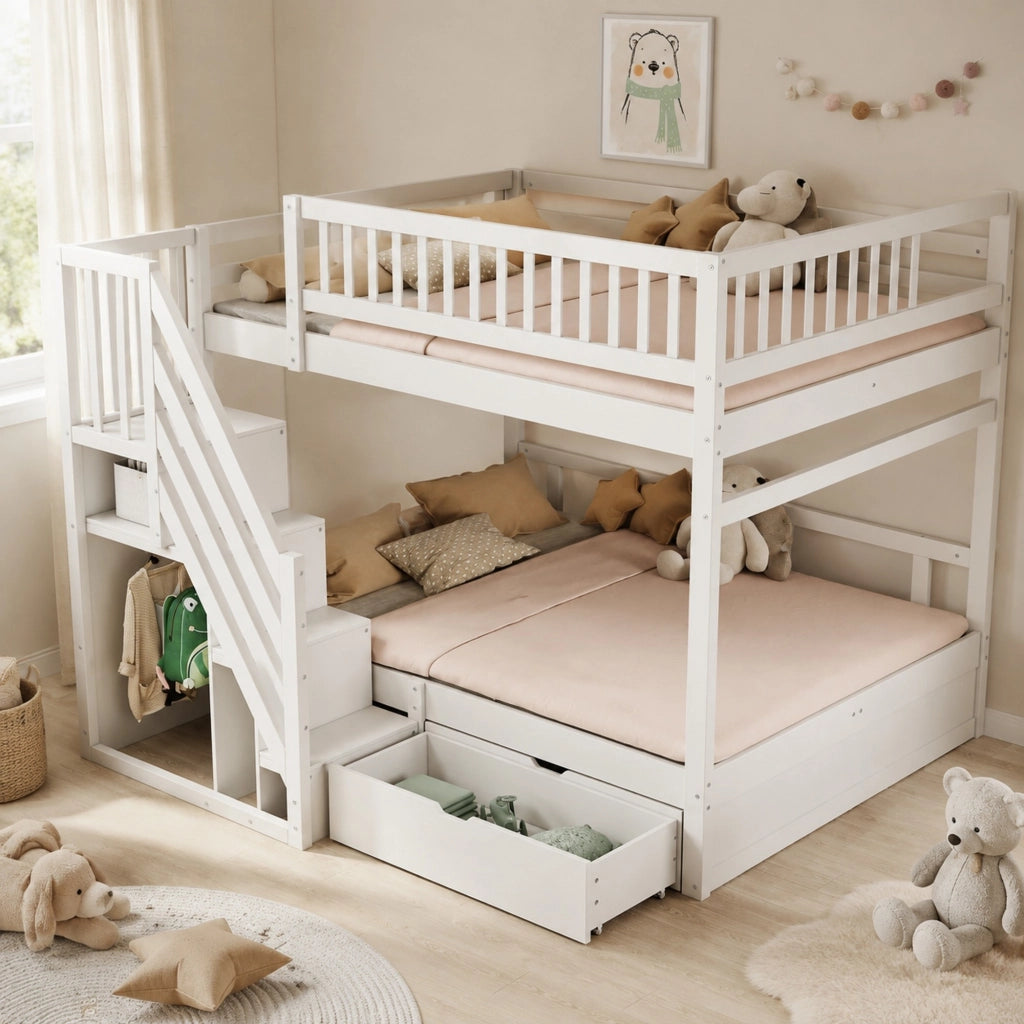 DESMIU Letto a Castello 2 Posti con Scala Contenitore, Cassetto e Sponde Alte, 140 × 200 cm, Senza Materasso