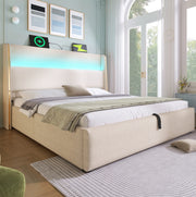Letto matrimoniale idraulico 160x200 cm beige con LED e USB-C